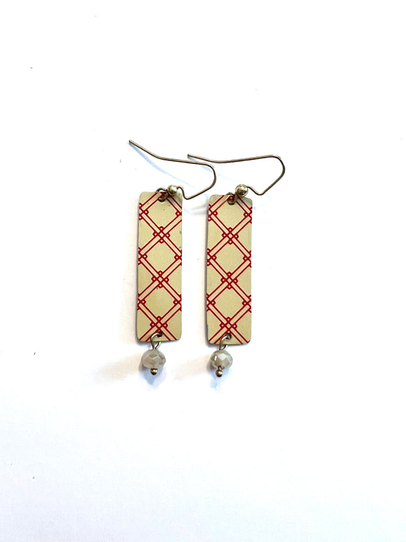 Muted Red and Gold Rectangle Tin Earrings with Beads