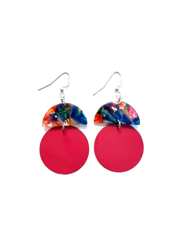 Hot Pink Tin Earrings with Multicolor Resin