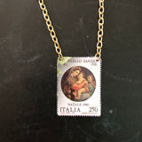 Italian Mother and Child Postage Stamp Tin Necklace