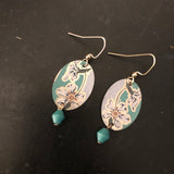 Green with White Flowers Tin Earrings with Beads