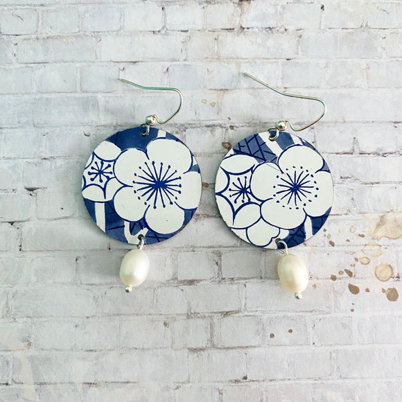 Blue and White Cherry Blossom Circle Tin Earrings with Freshwater Pearls