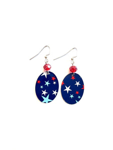 Red, White and Blue Stars Tin Earrings with Red Beads
