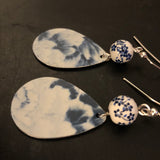 Navy Blue and White Abstract Floral Tin Earrings with Bead