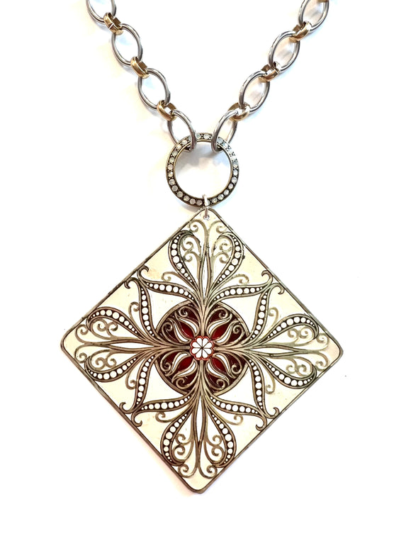Cream and Gold with Burgundy Medallion Tin Necklace