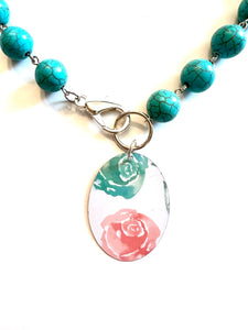 Turquoise and Pink Floral Tin Necklace with Turquoise Beads