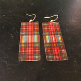 Large Cream Green and Red Plaid Tin Earrings