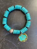 Natural Turquoise and Black Glass Beads with Silver Tin Charm Bracelet