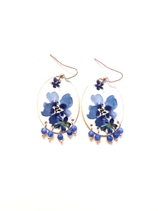 Blue Floral Tin Earrings with Blue Beads