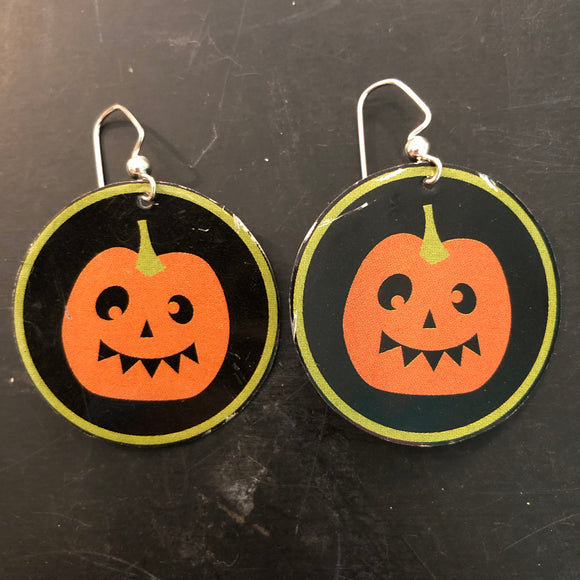 Smiley Scary Pumpkin Circle Tin Earrings