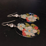 Light Blue and Red Floral on Black Tin Earrings with Bead