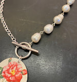 Pink Roses with Freshwater Pearls Tin Necklace with Toggle Clasp