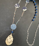 Blue Circles Tin Necklace with Carved Bone Pendant