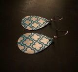 Silver and Blue Quatrefoil Teardrop Tin Earrings