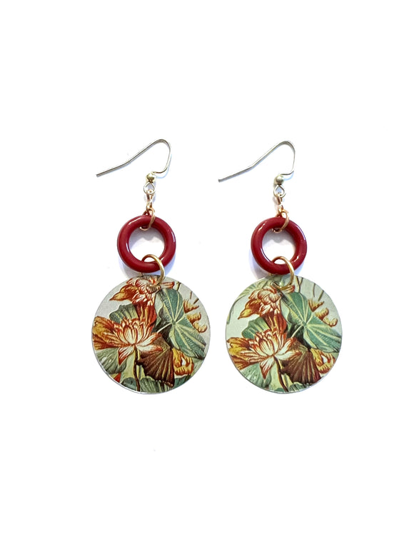 Water Lilies Tin Earrings with Burgundy Circle Beads