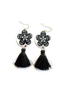 Black and White Flower Tin Earrings with Black Tassel