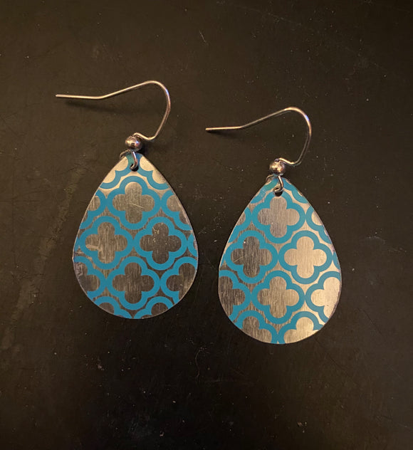 Silver and Blue Quatrefoil Teardrop Tin Earrings
