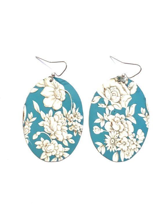 Large White Floral on Light Blue Tin Earrings