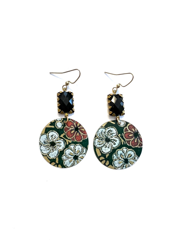 Green Floral Tin Earrings with Black Beads