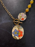 Layered Blue and Orange Floral Tin Necklace with Toggle Clasp