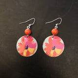 Pink and Yellow Floral Tin Earrings with Orange Beads