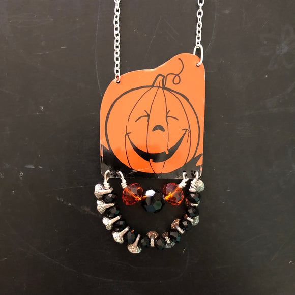 Smiley Pumpkin Tin Necklace with Beads