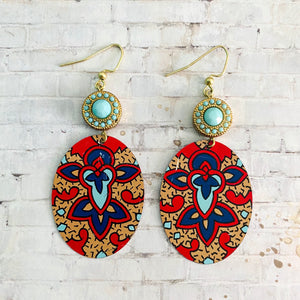 Red and Tan Tapestry Tin Earrings with Turquoise Beads
