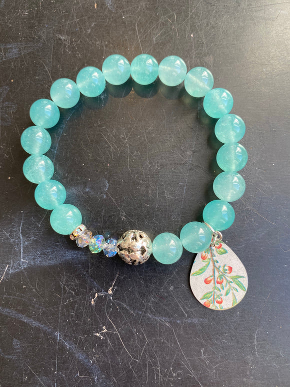 Aqua Glass Beads with Silver Tin Charm Bracelet