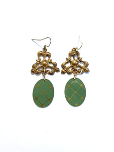 Green and Gold Dots Tin Earrings with Vintage Brass Beads