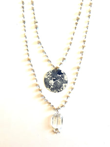 Adjustable Blue and White Floral and Crystal Tin Necklace