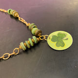 Green Shamrock Circle Tin Necklace with Green Shell Bead