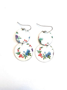 Two Tiered White and Floral Circle Tin Earrings