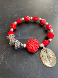 Red Glass and Resin Bead Tin Charm Bracelet