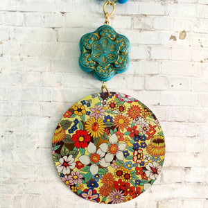 Multicolored Floral Circle Tin Necklace with Lucite Bead