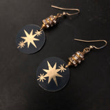 Midnight Blue with Gold Stars Tin Earrings with Rhinestone Beads