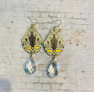 Grey and Gold Filigree with Crystal Tin Earrings