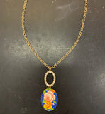 Blue with Pink and Yellow Floral Tin Necklace with Rhinestones