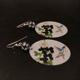 Flower Oval with Blue Bird Tin Earrings with Beads