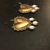 Gold Floral Hearts Tin Earrings with Freshwater Pearls