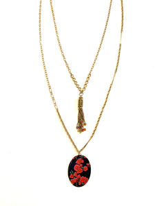 Adjustable Navy and Coral Floral and Gold Beaded Tassel Tin Necklace