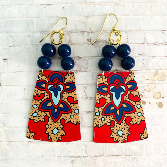 Red and Tan Tapestry Tin Earrings with Beads