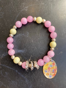 Pink and Yellow with Silver Tin Charm Bracelet