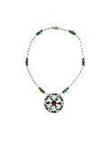 Quilt Patterned Green and Red Tin Necklace