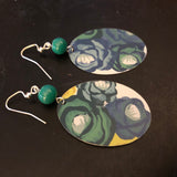 Blue and Green Floral Tin Earrings with Green Beads