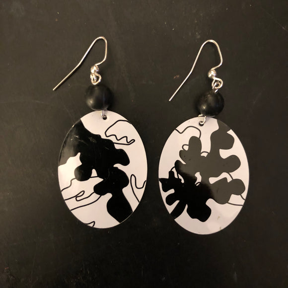 Black and White Foliage Tin Earrings with Bead