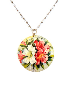 Pink and White Lilies Circle Tin Necklace