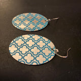 Silver and Blue Quatrefoil Oval Tin Earrings