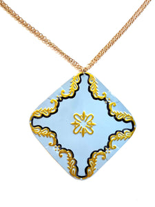 Gold and Black Design on Blue Tin Necklace