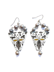 Grey Filigree Triangle Tin Earrings with Freshwater Pearls