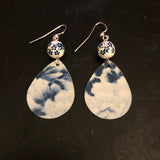 Navy Blue and White Abstract Floral Tin Earrings with Bead