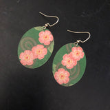Green and Pink Floral Oval Tin Earrings